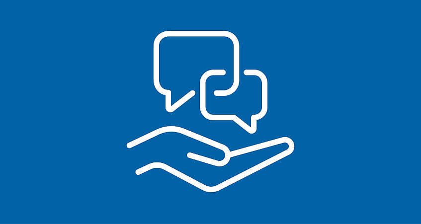 Contours of a hand with palm facing upwards and two interlinking speech bubbles above it